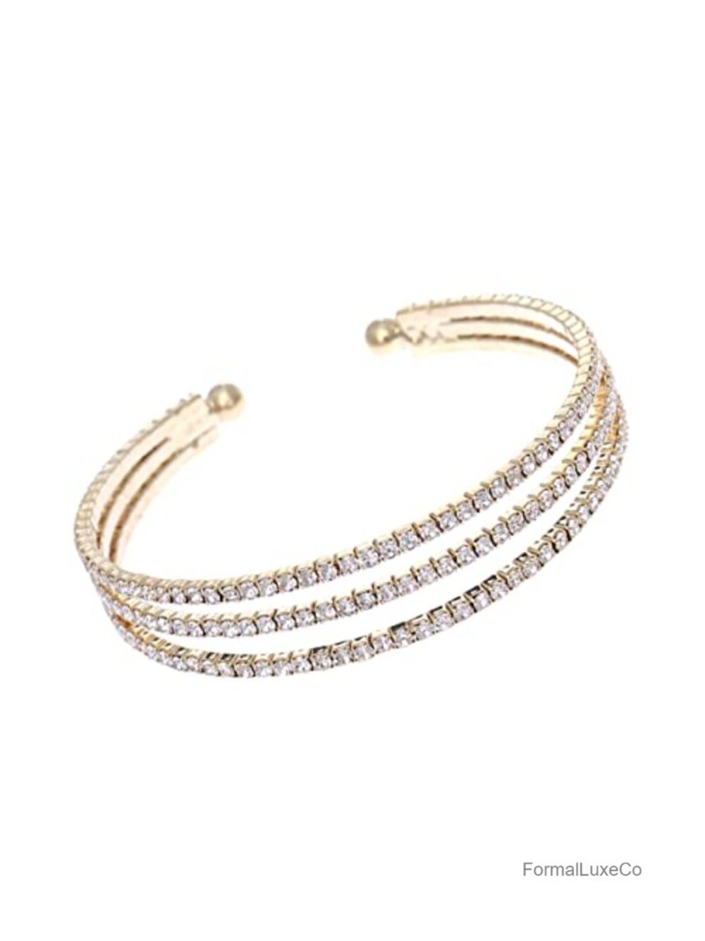 Three Row Rhinestone Cuff Bracelet Gold Plated Flexible Adjustable